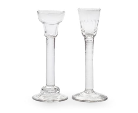 Two plain stem cordial glasses, circa 1740-50One with a small pan-top bowl on a tall stem with a high domed foot, 16cm high, 