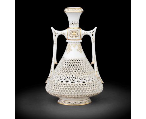 A fine Royal Worcester reticulated vase by George Owen, dated 1918Of Persian shape, the tapering body intricately pierced wit