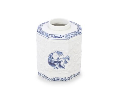 A Lowestoft octagonal tea canister, circa 1762Of 'Hughes-type' with relief-moulded panels flanked by chrysanthemums and folia