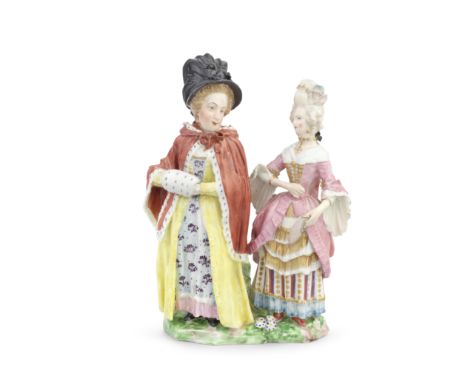 A very rare Derby group of Two Female Macaronis, circa 1775-80Modelled as two young ladies in flamboyant attire, one wearing 