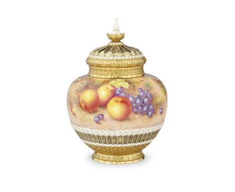 A large Royal Worcester 'Painted Fruit' pot pourri vase and cover by John Freeman, circa 1950-70Of globular form, the lower s