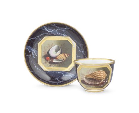 A Barr, Flight and Barr Worcester teacup and saucer, circa 1805Painted with still-life panels of shells, coral and seaweed on