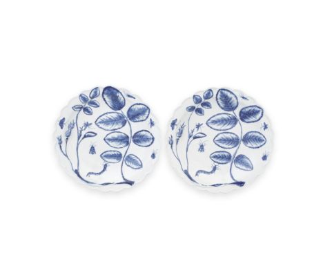 A pair of Worcester 'Blind Earl' plates, circa 1765Of small size with scalloped rims, moulded in light relief with rose leave