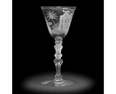 A fine Dutch engraved light baluster wine goblet, circa 1750-60The generous round funnel bowl reserves with an oval vignette 