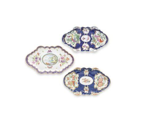 Three Worcester spoon trays, circa 1770-80Of lobed hexagonal shape, two with gilt scroll-edged panels reserved on blue scale 