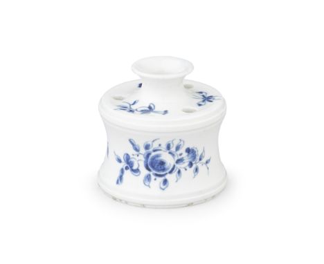 An important documentary Worcester inkwell, initialled and dated 1776Of circular or capstan form with sharply turned bands at