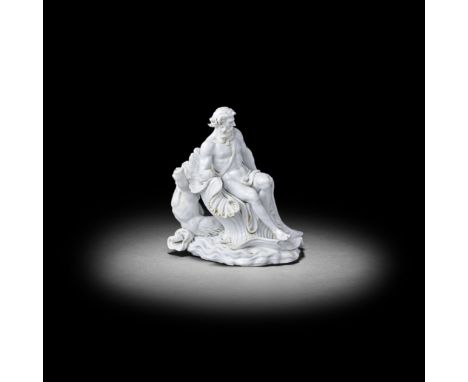 A rare Cozzi figure of Neptune, circa 1780 Modelled seated on a scrollwork shell, a cloak hanging from his back, and a fish-t