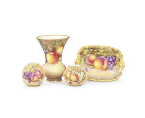 Three Royal Worcester 'Painted Fruit' vases and a dish, circa 1960-80Painted with ripe fruit on mossy grounds and gold rims, 