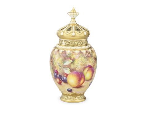 A Royal Worcester 'Painted Fruit' Pot pourri vase and covers by John Freeman, circa 1960The pierced outer cover and inner cov