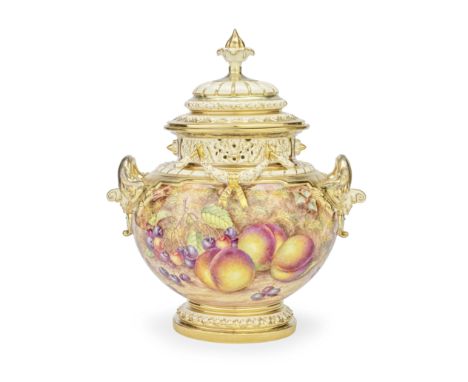 A Royal Worcester 'Painted Fruit' 'Bow' vase and cover by John Freeman, circa 1960Of large size, the pierced neck hung with s