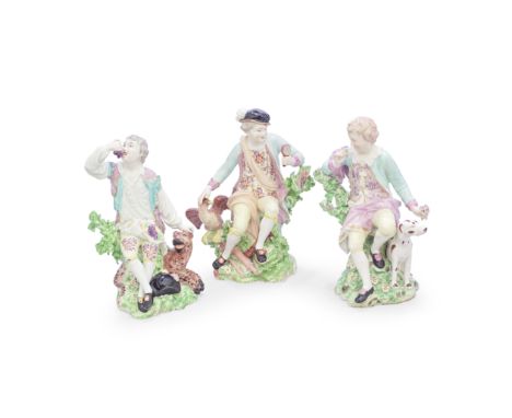 Three Derby figures emblematic of the Senses, circa 1780'Sight' modelled as a youth holding a hand mirror, an eagle at his si