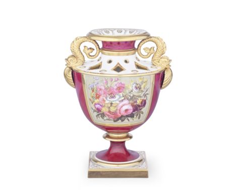 A large Flight, Barr and Barr Worcester pot pourri vase, circa 1815Of shield shape, the pierced neck applied with elaborate g