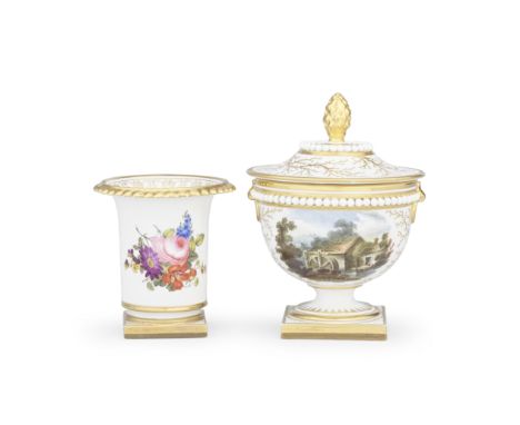 A small Flight, Barr and Barr Worcester vase and a spill vase, circa 1820The goblet shaped vase applied with a row of 'pearls