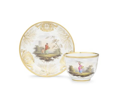 A Barr, Flight and Barr Worcester teacup and saucer, circa 1810Painted with rustic figures after W H Pyne, a lady carrying a 
