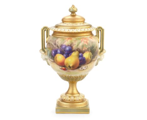 A Royal Worcester 'Painted Fruit' vase and cover by William Ricketts, dated 1911Of globular form, the twin handles with mask 