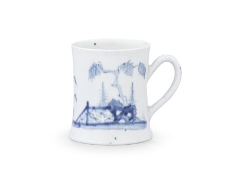 A Worcester coffee can, circa 1753Of 'Scratch Cross' type with a grooved handle and wide spreading foot, painted in blue with