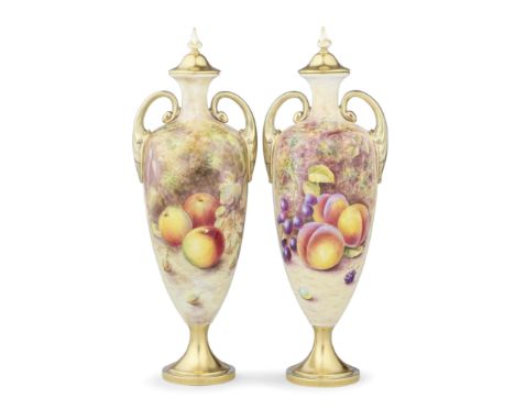 Two Royal Worcester 'Painted Fruit' vases and covers by John Reed and Bernard Schwarz, circa 1965-75Of slender ovoid form, th