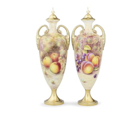 Two Royal Worcester 'Painted Fruit' vases and covers by John Reed and Bernard Schwarz, circa 1965-75Of slender ovoid form, th