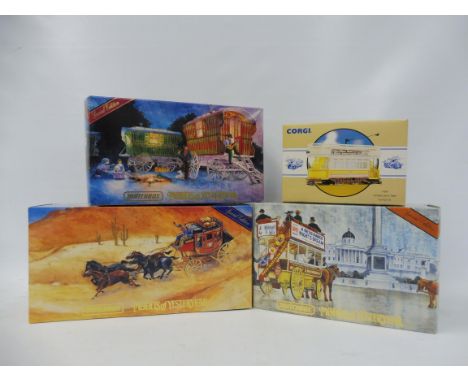 Three boxed special edition Matchbox Models of Yesteryear and a boxed Corgi tram.