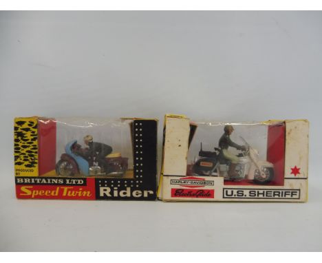 Two circa 1970s Britains motorbike riders, the US Sheriff on the Harley Davidson and the Speed Twin rider.