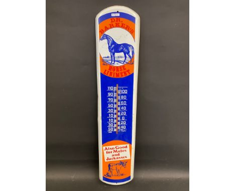 A contemporary tin advertising thermometer sign for Dr Barker's Horse Linament, 8 x 38 3/4".
