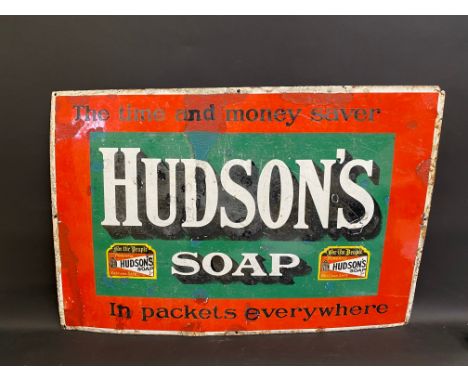 A Hudson's Soap rectangular enamel sign with several areas of old amateur retouching, 36 x 24".