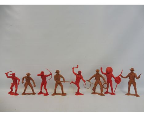 Eight unusual Marx plastic large scale soldiers including Cowboys and Indians.