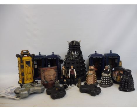 A selection of Dr. Who collectables and accessories including four tardis', several daleks (several scales) etc.