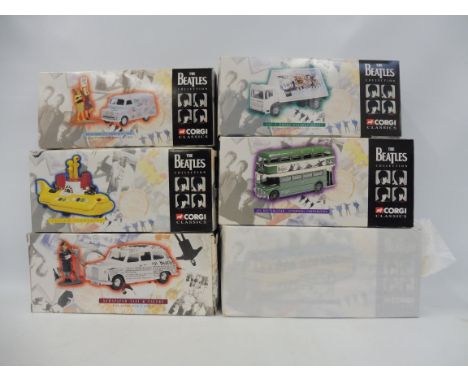 Six boxed Corgi Beatles Collection, with figures, includes the Yellow Submarine.