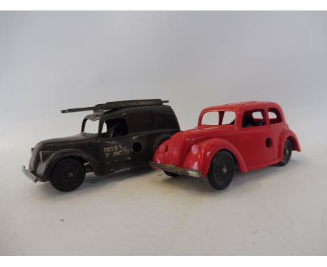 Two Tri-ang Minic plastic models, a Morris saloon and a Post Office van, complete with ladder.