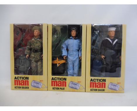 Three boxed Action Man figures from the Collectors Series: The Sailor, The Pilot and The Soldier. 