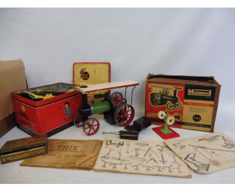 A box of Meccano in used condition, also a Mamod steam engine (circa 1960s), various Mamod accessories - boxed in used condit