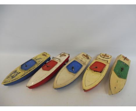 Five smaller scale Meccano Hornby tinplate speed boats, different colourways, playworn.