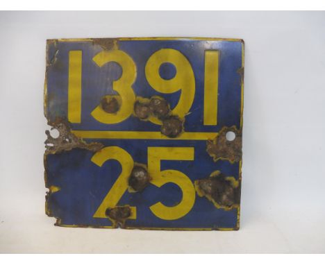 A blue and yellow railway enamel sign, 10 1/2 x 10".