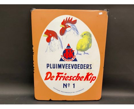 A Continental pictorial enamel sign depicting chickens 'De Friesche Kip' made by Langcat Bussum, 17 1/4 x 10 1/2".