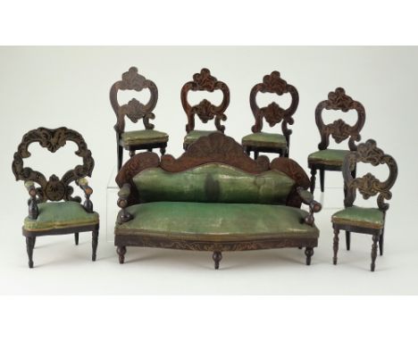 Walterhausen rosewood Dolls House Rococo style drawing room suite, sofa with gold decorated scroll shaped back with padded gr