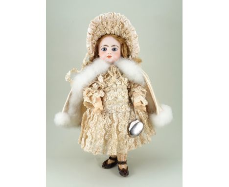 F.G bisque head Bebe doll, French, circa 1890, beautiful pale bisque head with fixed blue glass paper-weight eyes, finely pai