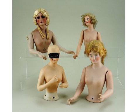 Four larger size bisque nude half-dolls, lady with blonde wig, finely painted features, long separated arms jointed at should