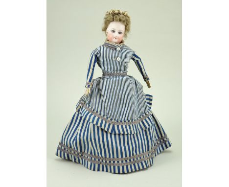Sweet small size F.G bisque shoulder head fashion doll, French circa 1875, lovely pale bisque head with fixed pale blue glass