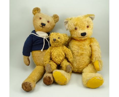 Three English Teddy bears, including a golden mohair Chad Valley bear, 1950’s, with orange plastic eyes, stitched nose and mo