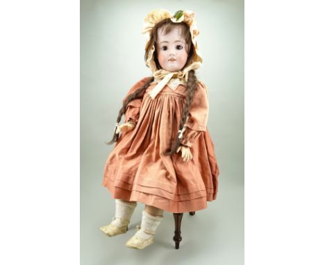 Large Heinrich Handwerck/S&amp;H bisque head doll, German circa 1910, with fixed  brown glass eyes, raised eyebrows, open mou