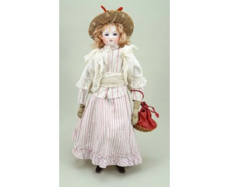 Madame Barrois bisque shoulder head fashion doll, French circa 1875, good pale bisque head with fixed deep blue glass eyes, f
