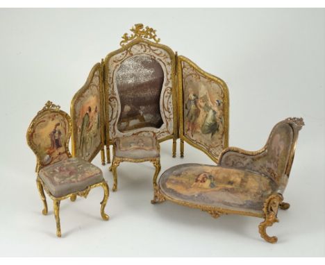 Fine Regency style Dolls House ormolu and painted silk suite of furniture, probably Austrian first quarter 20th century, the 