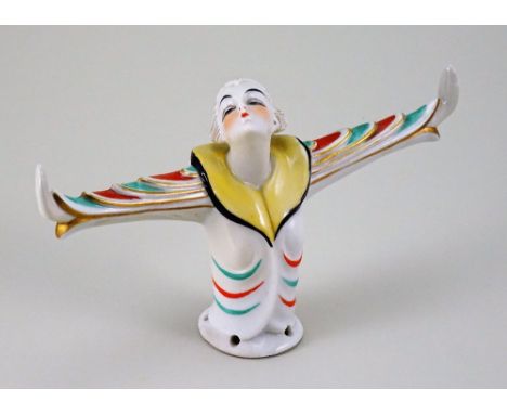 Rare glazed china Art-Deco style half-doll with outstretched arms, stunning figure head looking skyward with gold lined short