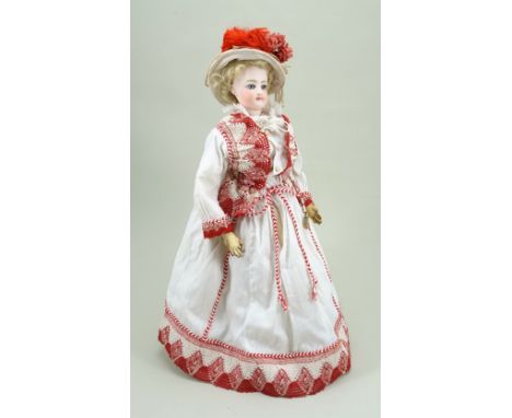 Beautiful F.G bisque shoulder head fashion doll, French circa 1870, lovely pale bisque head with fixed pale blue glass eyes, 