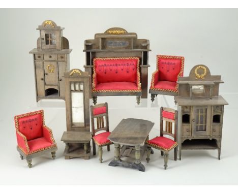 Good suite of wooden Art Nouveau style Dolls House furniture, German 1890s, stained wooden suite includes settee with wooden 