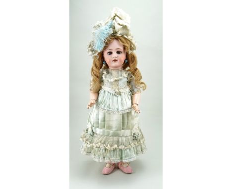 Tete Jumeau DEP bisque head doll in original clothes, German for French market, circa 1910, with weighted blue glass eyes, re