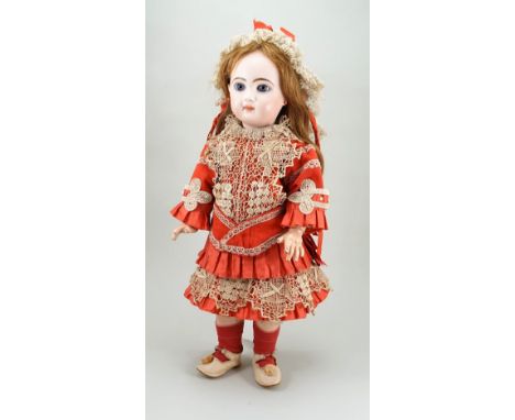 Tete Jumeau bisque head Bebe doll, size 9, French circa 1890, lovely pale bisque head with fixed blue glass paper-weight eyes