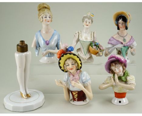 Five glazed china half-dolls, young lady with finely painted features, large brim yellow and black hat with large plumes, wea