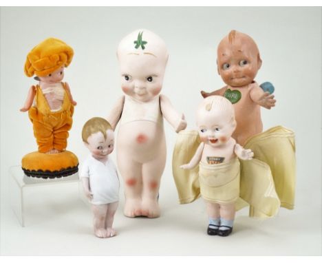 Collection of five various Kewpie type dolls, including a Nippon all bisque Sonny doll with painted features, jointed at arms